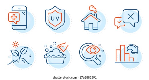 Uv protection, Decreasing graph and Medical phone signs. Vision test, Grow plant and Hand washing line icons set. Reject, Home symbols. Eyesight check, Leaves. Business set. Outline icons set. Vector