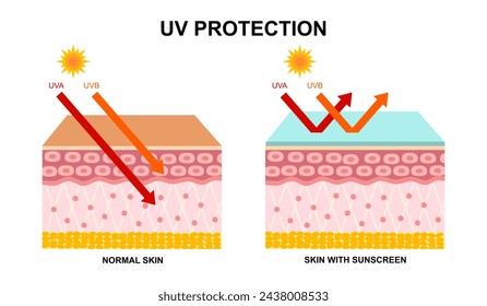 Protección UV. La diferencia entre la piel sin crema solar y la piel con crema protectora solar. Daño en la piel por rayos UVA y UVB.