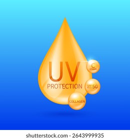UV protection drop and orange ball SPF 50 vitamin C collagen. Protects UVA UVB against sunlight ultraviolet attacks. For cosmetic products ads. Vector.