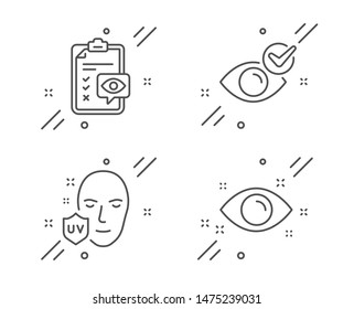 Protección Uv, Lista de comprobación de ojos y Seleccionar iconos de línea de ojos. Ultravioleta, Optometría, Visión. Equipo médico. Icono de esquema de protección uv de línea. Vector