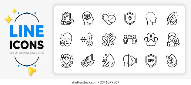 Uv protection, Face scanning and Spf protection line icons set for app include Medical shield, Spinach, Hospital outline thin icon. Low thermometer, Face id. Yellow 3d stars with cursor. Vector