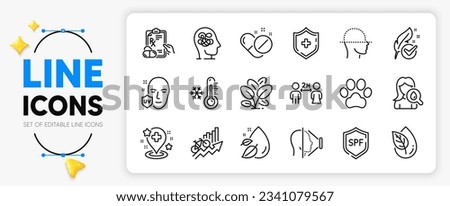 Uv protection, Face scanning and Spf protection line icons set for app include Medical shield, Spinach, Hospital outline thin icon. Low thermometer, Face id. Yellow 3d stars with cursor. Vector