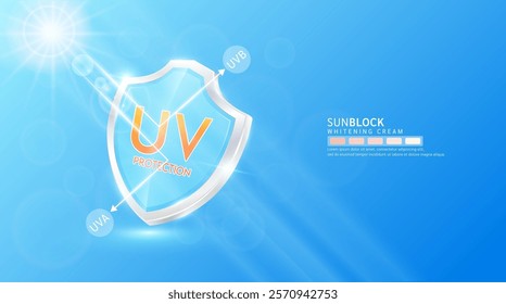 UV protection. Glass shield transparent and arrow reflects light UVA UVB. Protects against sunlight ultraviolet attacks. For design cream skin care sunscreen cosmetic products ads. Banner vector.