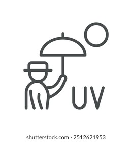 UV Protection Icon. Linear Illustration of a Person with an Umbrella Shielding from Sunlight, Symbolizing Ultraviolet Protection and Sun Safety. Isolated Vector Sign.