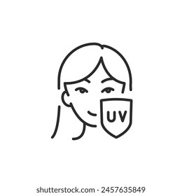 UV protection icon. A minimalistic depiction of a female face with a protective shield marked 'UV,' representing the importance of safeguarding the skin from ultraviolet rays. Vector illustration