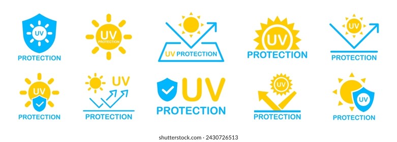 UV protection icon set. UV radiation icon. Ultraviolet symbol. Sun uv protection icons. Vector pictogram of sunscreen spf. Skincare illustration, sign for cosmetics packaging