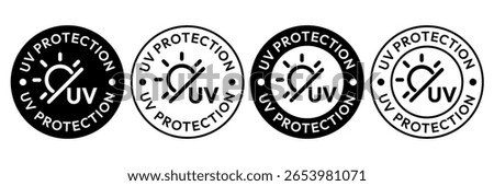 UV protection icon set. UV radiation icon. Ultraviolet symbol. Sun uv protection icons. Sunscreen spf logo. UPF sun protection label product. Skincare illustration, sign for cosmetics packaging.