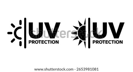 UV protection icon set. UV radiation icon. Ultraviolet symbol. Sun uv protection icons. Sunscreen spf logo. UPF sun protection label product. Skincare illustration, sign for cosmetics packaging.