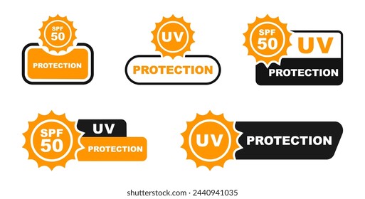 Conjunto de iconos de protección UV. Protección solar para la piel. Protección UVA UVB. Icono SPF 50 para el embalaje de protectores solares o cosméticos de la piel. Ilustración vectorial.