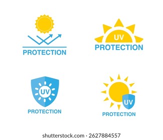 UV protection icon set. Sun light ultraviolet logo. Uv rays protect icon. UV radiation icon. Spf cream, sunscreen spf, skincare sign icon. Sun uv protection icons. 