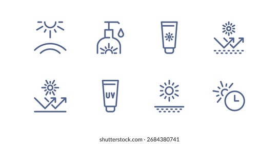 Conjunto de iconos de protección UV, protector solar, bloqueador solar, rayos solares, seguridad de la piel, calor de temperatura, escudo solar, cuidado solar, radiación ultravioleta, Ilustración vectorial lineal de prevención de atención médica.