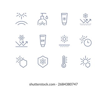 Conjunto de iconos de protección UV, protector solar, bloqueador solar, rayos solares, seguridad de la piel, calor de temperatura, escudo solar, cuidado solar, radiación ultravioleta, Ilustración vectorial lineal de prevención de atención médica.