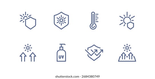 UV-Schutz-Ikonenset, Sonnenschutz, Sonnenschutz, Sonnenstrahlen, Hautsicherheit, Temperaturwärme, Sonnenschutz, Sonnenschutz, UV-Strahlung, Gesundheitsvorsorge lineare Vektorgrafik.
