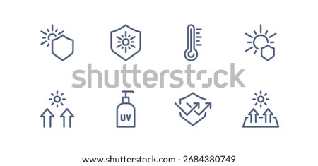 UV protection icon set, sunscreen, sunblock, sun rays, skin safety, temperature heat, solar shield, sun care, ultraviolet radiation, healthcare prevention linear vector illustration.