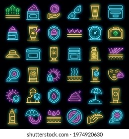 Uv protection icons set. Outline set of uv protection vector icons neon color on black