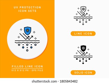 UV protection icons set vector illustration with solid icon line style. Sun radiation shield concept. Editable stroke icon on isolated background for web design, infographic and UI mobile app.