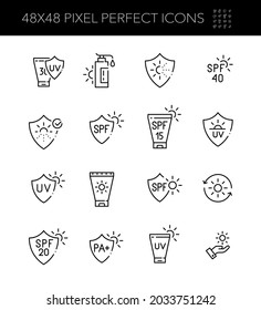 UV protection icons. Sunscreen lotions, suntanning. Pixel perfect, editable stroke
