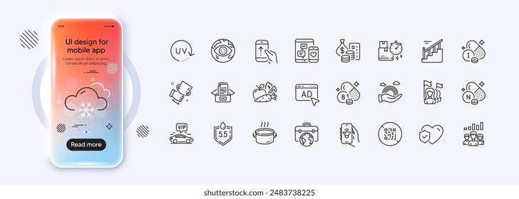 Uv protection, Iodine mineral and Music app line icons for web app. Phone mockup gradient screen. Pack of Ad, Delivery time, Stairs pictogram icons. Vector