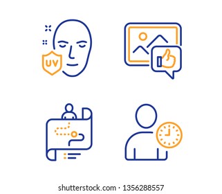 Uv protection, Like photo and Journey path icons simple set. Time management sign. Ultraviolet, Thumbs up, Project process. User with clock. People set. Linear uv protection icon. Colorful design set