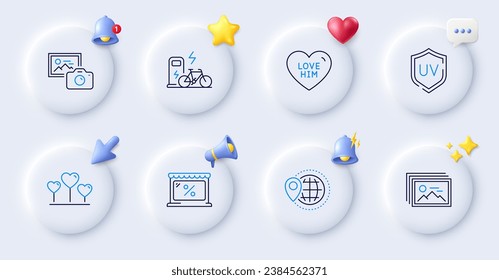 Uv protection, Love heart and Photo camera line icons. Buttons with 3d bell, chat speech, cursor. Pack of World travel, Market, Electric bike icon. Love him, Image gallery pictogram. Vector