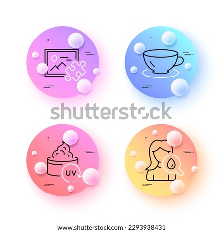 Uv protection, Moisturizing cream and Puzzle image minimal line icons. 3d spheres or balls buttons. Espresso icons. For web, application, printing. Skin cream, Face lotion, Jigsaw picture. Vector