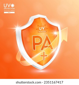 Protección UV protector PA+ pantalla naranja y flechas de vidrio transparente. Reflejar el campo de fuerza de la luz previene la luz solar. Para productos de diseño de protección solar ultravioleta UVA o crema cutánea cuidado de su piel. Icono vector 3D.