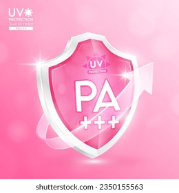 Protección UV protector PA+ protector rosa y flechas de vidrio transparente. Reflejar el campo de fuerza de la luz previene la luz solar. Para productos de diseño de protección solar ultravioleta UVA o crema cutánea cuidado de su piel. Icono vector 3D.