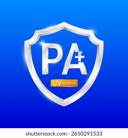 UV Protection PA+ and Plus sign in silver shield on blue background. Protects against sunlight ultraviolet attacks and UVA UVB. For design cream skin care sunscreen cosmetic products. 3D Vector.