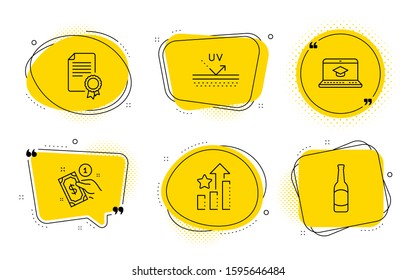 Uv protection, Ranking stars and Beer signs. Chat bubbles. Website education, Payment method and Certificate line icons set. Video learning, Give money, Diploma. Skin cream. Business set. Vector