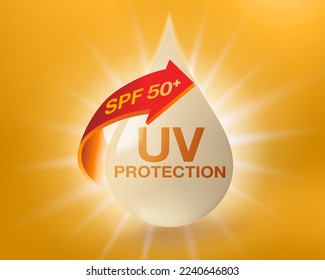 UV protection and reflect ultraviolet rays with SPF 50+. Cosmetics ads, sunscreen, lotion, serum, UV protection. Realistic EPS file.