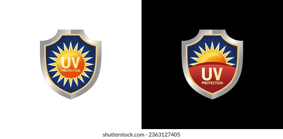 UV protection shield logo design, vector icon symbol of solar ultraviolet rays