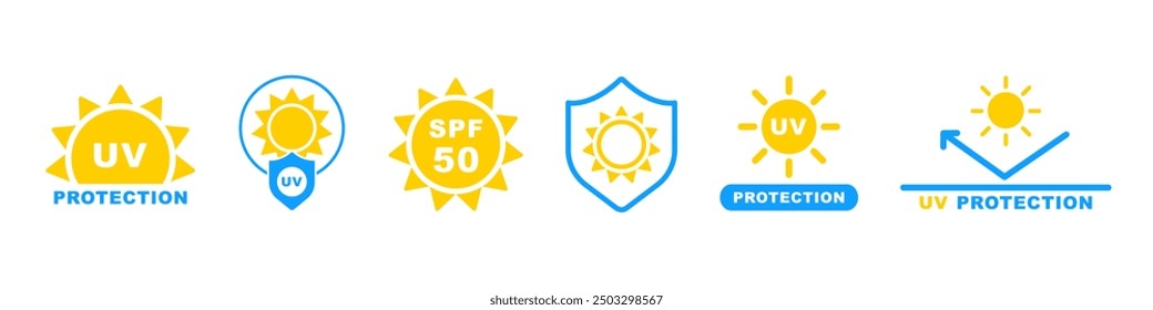 UV protection sign. Spf cream vector set. Sun light ultraviolet logo. Uv rays protect icon