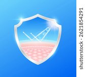 UV Protection. Skin layer in shield arrow reflects light UVA UVB. Protects against sunlight ultraviolet attacks. For design cream skin care sunscreen cosmetic products ads. Vector.