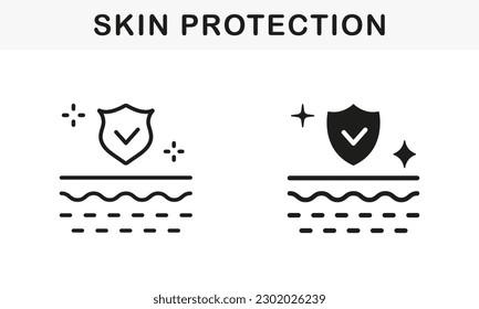 Protección UV para línea de piel y conjunto de iconos negros de silueta. Pictograma de protección de la piel. Colección de símbolos de concepto de piel de protección contra barreras, protección contra escudos. Ilustración de vectores aislados.