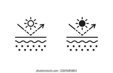 UV Protection Skin Sign. Stop Ultra Violet and SPF Cream Concept Line and Silhouette Black Icon Set. Reflect Ultraviolet Radiation from Skin Symbol Collection. Isolated Vector Illustration.