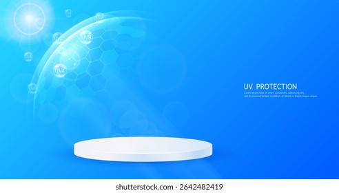 UV protection SPF 50. Cosmetic podium display empty in transparent hexagonal dome with arrow reflects light UVA UVB. Protects against sunlight ultraviolet attacks. For cosmetic products ads. Vector.