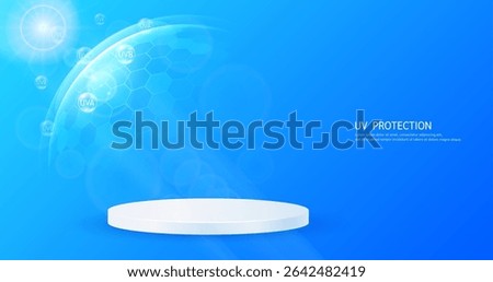 UV protection SPF 50. Cosmetic podium display empty in transparent hexagonal dome with arrow reflects light UVA UVB. Protects against sunlight ultraviolet attacks. For cosmetic products ads. Vector.
