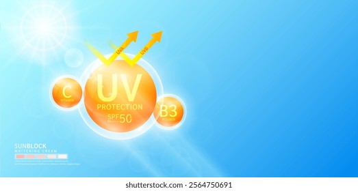 UV protection and SPF 50 PA with vitamin C B3 and arrow reflects light UVA UVB. Protects against sunlight ultraviolet attacks. For design cosmetic products ads. Banner empty space for text. Vector.