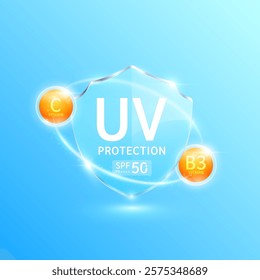 UV protection and SPF 50 PA in glass shield translucent surrounded by ring orange vitamin C, B3. Protects against UVA, UVB, sunlight and ultraviolet attacks. For design cosmetic products ads. Vector.