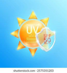 UV protection SPF 50 PA in glass shield translucent front of orange sun. Protects against UVA, UVB and ultraviolet attacks. For design cosmetic products ads. Vector.