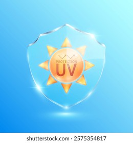 UV protection SPF 50 PA the form of an orange sun in glass shield translucent. Protects against UVA, UVB, sunlight and ultraviolet attacks. For design cosmetic products ads. Vector.