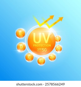 UV protection and SPF 50 PA surrounded by vitamins minerals with arrow reflects light UVA UVB. Protects against sunlight and ultraviolet attacks. For design cosmetic products ads. Vector EPS10.