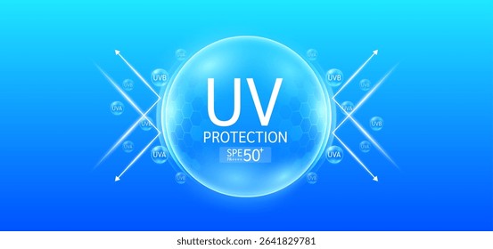 UV protection SPF 50 PA in transparent hexagonal dome with arrow reflects light and surrounding UVA UVB bubbles. Protects against sunlight ultraviolet attacks. For design cosmetic products ads. Vector
