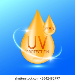 UV protection and SPF 50 PA. Orange water drop with surrounding ring. Protects against UVA, UVB, sunlight and ultraviolet attacks. For design cosmetic products ads. Health care concept. Vector.