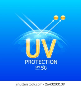 UV protection SPF 50 PA in transparent hexagonal dome with arrow reflects light UVA UVB. Protects against sunlight ultraviolet attacks. For design cosmetic products ads. Vector.