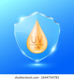 UV protection and SPF 50 PA. Orange water drop in glass shield translucent. Protects against UVA, UVB, sunlight and ultraviolet attacks. For design cosmetic products ads. Health care concept. Vector.
