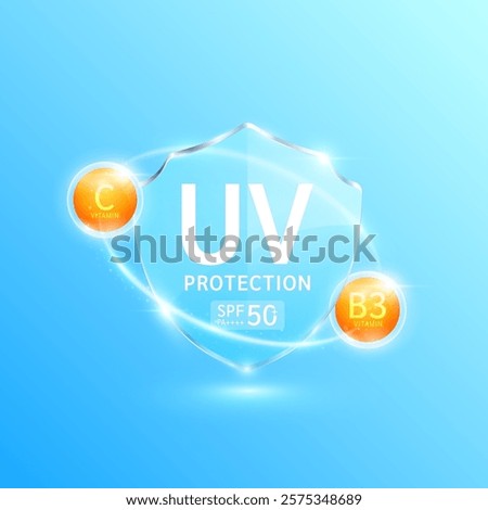 UV protection and SPF 50 PA in glass shield translucent surrounded by ring orange vitamin C, B3. Protects against UVA, UVB, sunlight and ultraviolet attacks. For design cosmetic products ads. Vector.