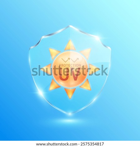 UV protection SPF 50 PA the form of an orange sun in glass shield translucent. Protects against UVA, UVB, sunlight and ultraviolet attacks. For design cosmetic products ads. Vector.