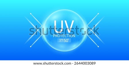 UV protection SPF 50 PA in bubbles transparent hexagonal dome with arrow reflects light UVA UVB. Protects against sunlight ultraviolet attacks. For design cosmetic products ads. Vector.