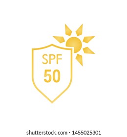 UV protection of SPF 50 vector icon. solar or sun ultraviolet radiation with shield symbol in flat style drawing